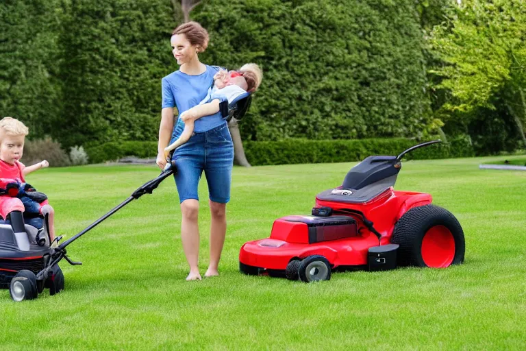 Image similar to lawn mower with a baby stroller attached