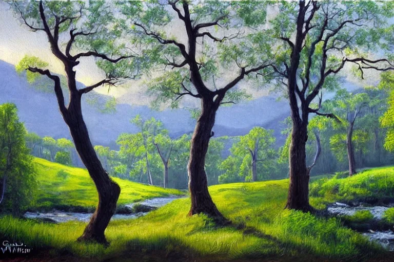 Image similar to masterpiece painting of oak trees on a hillside overlooking a creek, dramatic lighting, by gunnar widforss