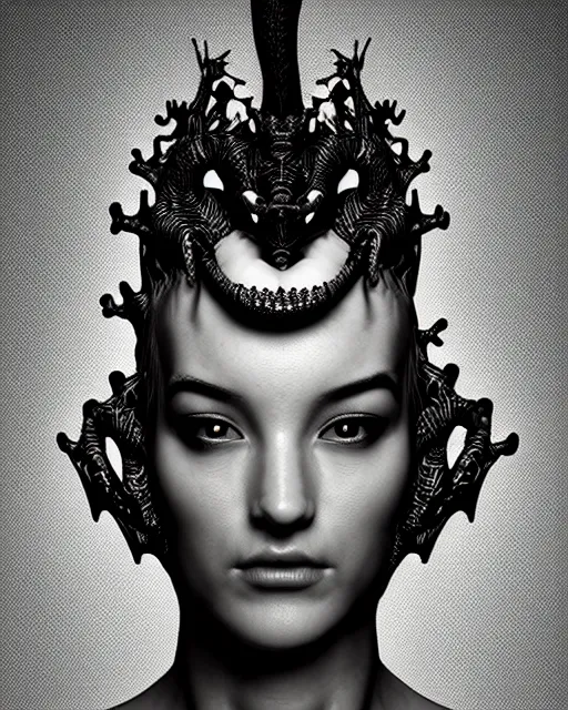 Image similar to a black and white high quality photo of a young beautiful female queen-dragon-cyborg bust with a very long neck and Mandelbrot fractal face, Mandelbrot fractal skin, flesh, anatomical, facial muscles, veins, arteries, elegant, highly detailed, flesh highly baroque ornate, hair are cable wires, elegant, high fashion, rim light, octane render, in the style of H.R. Giger and Man Ray, Realistic, Refined, Digital Art, Highly Detailed, Cinematic Lighting, rim light, black and white, photo-realistic, 8K