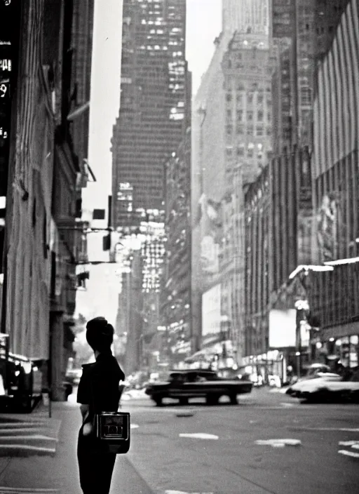 Prompt: analog film photography of a woman on madison avenue, new york city 1 9 6 3. by vivian maier. american street photography, candid, marquee lights glow in the background, 3 5 mm lens, kodak brownie camera, in - frame