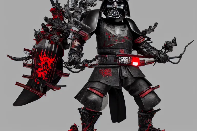 Image similar to a battle - hardened samurai demon warlord vader with sinister kabuto and terrifying men - yoroi mask, with armor intricately engraved with glowing red ancient rune symbols, and adorned with demon skulls, by ayami kojima, unreal engine 5, octane render, 3 d