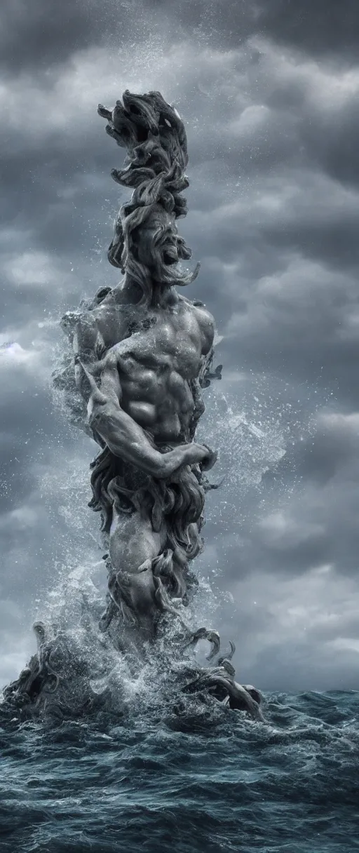 Prompt: stone sculpture of poseidon in the ocean, heavy waves, dark clouds, vivid, atmospheric, rainy, realistic, ultra detail, somber, hd, octane render, featured on artstation