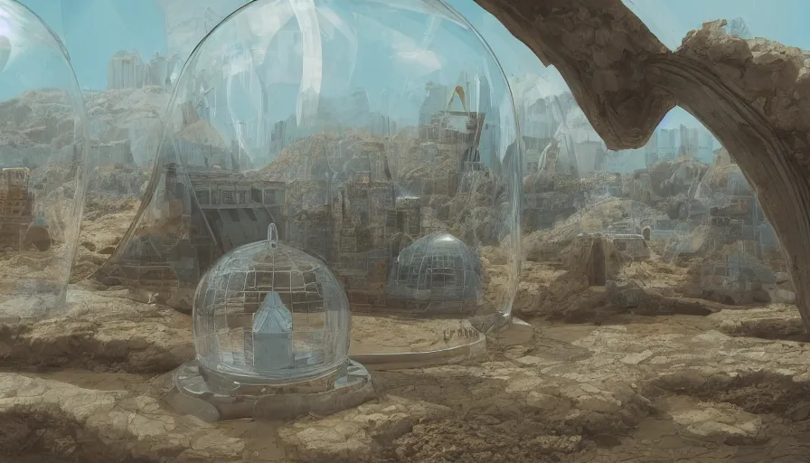 Prompt: glass dome with villages on it built in a middle of a desert, hyperdetailed, artstation, cgsociety, 8 k