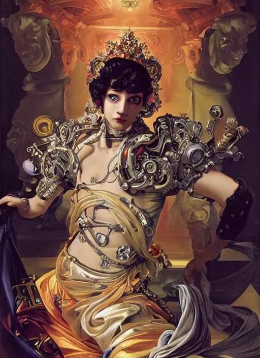 Image similar to full-body rococo and cyberpunk style sculpture of a young seductive Latino prince half android with a chest exposing circuitry, glowing pink seductive laser eyes, crown of blue sparks and diamonds, swirling orange-colored silk fabric, robotic raptors. baroque elements. full-length view. intricate artwork by caravaggio. art by Artgerm and Greg Rutkowski and Alphonse Mucha, Trending on artstation, cinematic industrial lighting, hyper realism, octane render, 8k, depth of field, 3D