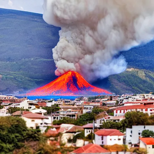 Image similar to vulcano erupts next to the village, tilt-shift photograph