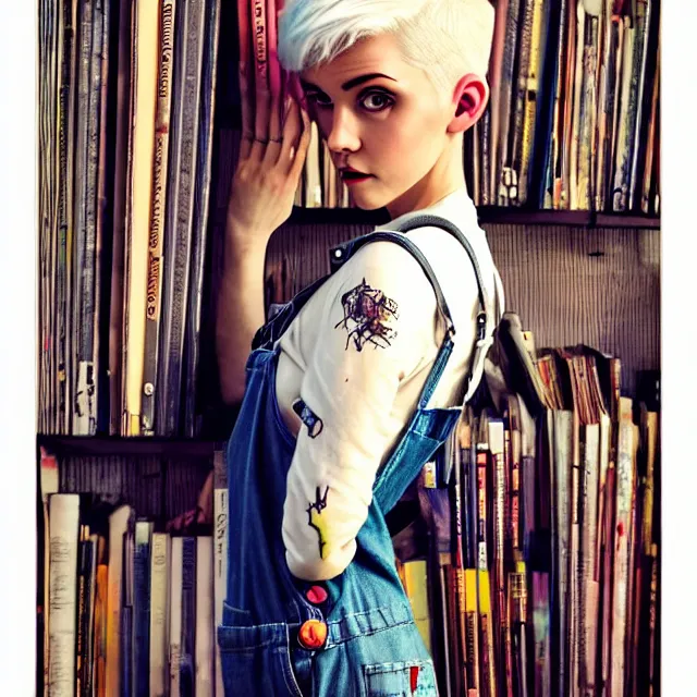 Image similar to full body pose, beautiful adult book fairy, pixar, short white hair shaved sides, dirty, grungy, grunge, long sleeve, painted overalls, stacks of giant books, highly detailed, 4 k, hdr, smooth, sharp focus, high resolution, award - winning photo, artgerm, photorealistic