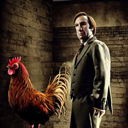 Image similar to saul goodman and a rooster in a medieval torture chamber, saw blades and knives in the background, horror movie, saul goodman, rooster, real life photo, detailed face