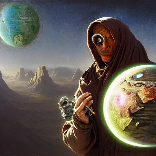 Image similar to masked nomad male wearing a cloak on an alien world and holding a holographic planet projection in his hand, detailed, sci - fi, digital painting, artstation, sharp focus, illustration, ominous, artgerm, tomasz alen kopera, peter mohrbacher, donato giancola, joseph christian leyendecker, wlop, frank frazetta