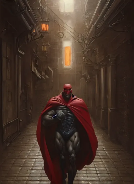 Prompt: wide shot low angle hyper realist detailed elegant renaissance portrait painting of slim handsome bodybuilder vigilante edgy cool superhero!!, full figure!!!, coming out of the shadows in a dark alley by artgerm and greg rutkowski, sharp focus, unreal engine 5