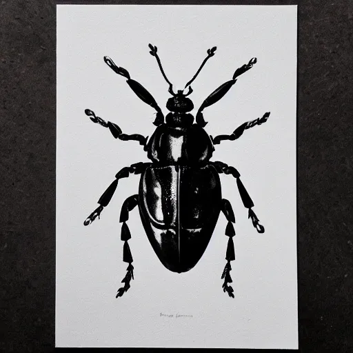 Image similar to beetle, black and white, botanical illustration, black ink on white paper, bold lines