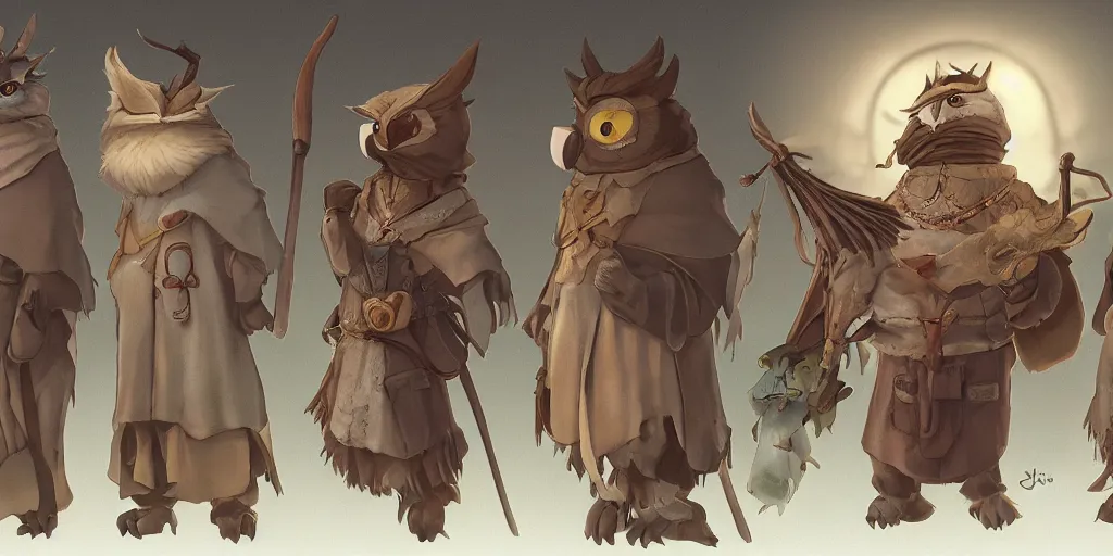 Image similar to character design, concept art, anthropomorphic owl wearing medieval clothes, unreal engine, by studio ghibli,