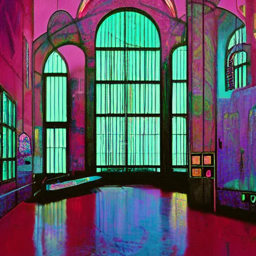 Image similar to 9 0 s interior with organic arched windows, rain like a dream, oil painting, volumetric lighting, cyberpunk, basquiat + francis bacon + gustav klimt + beeple, elevated street art, fantasy lut, textural, pink, blue, purple, green,