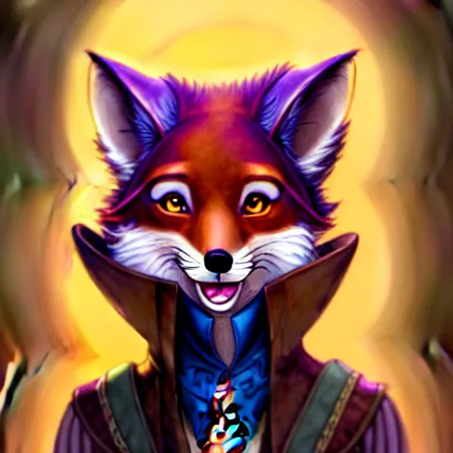 Image similar to don bluth, loish, artgerm, steampunk, clockpunk anthropomorphic fox girl, purple vest, smiling, symmetrical eyes symmetrical face, colorful animation forest background