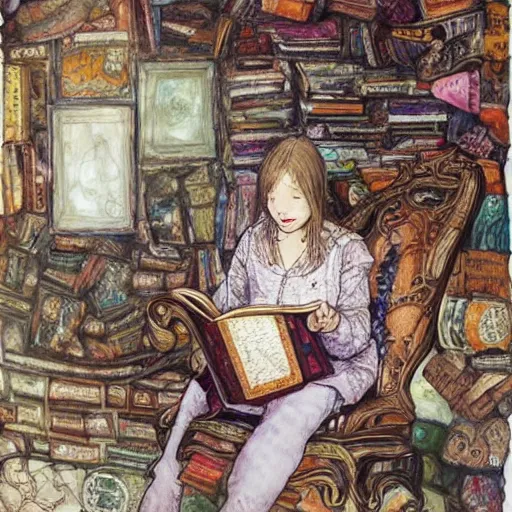 Image similar to full body pose, mixed media painting of a girl reading a book, extremely hyper - detailed, intricate, epic composition, very detailed, masterpiece, stunning,