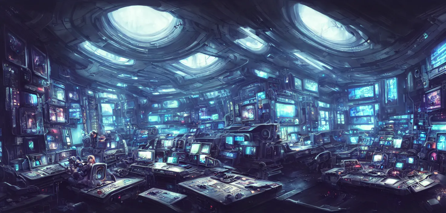 Image similar to a hyper detailed octane render concept art by xision wu, kerem beyit, sandara tang portrait of cyberpunk panel control spaceship room, dim lighting, detailed portraits, unreal engine 5, highly rendered, digital painting, hyper realistic, photo realistic, artstation, concept art, smooth, sharp focus perfect horizontal, symmetry illustration, detailed and intricate environment artstation hq