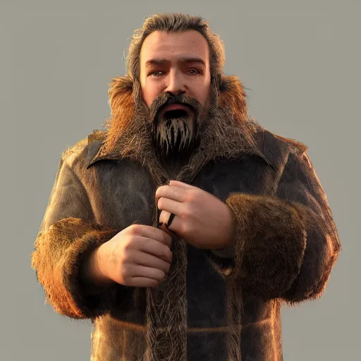 Image similar to fantasy middle - aged burly lumberjack with a beard, render, photorealistic, dungeons and dragons, realistic, dark hair, wearing a fur coat, high quality matte painting, midjourney