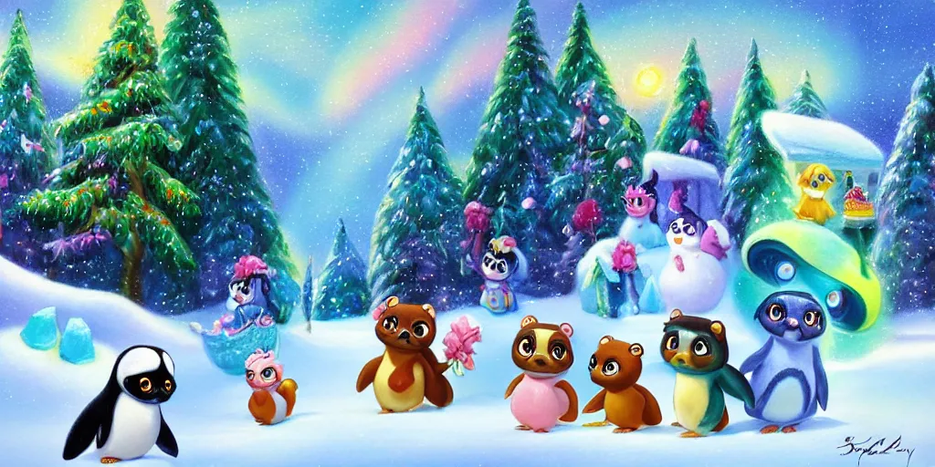 Prompt: 3 d littlest pet shop bear, ice, northern lights, penguins, snow cones, nature, polar express, master painter and art style of noel coypel, art of emile eisman - semenowsky, art of edouard bisson