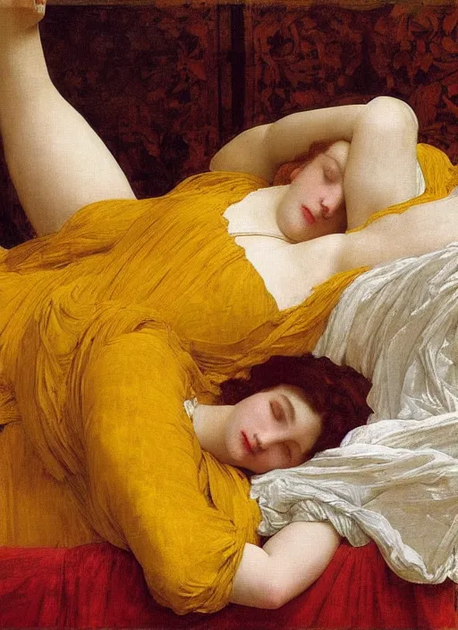 Image similar to masterpiece portrait of lady reclining on bed, flowing cloth floating in the wind, wearing yellow ochre ornate medieval dress, vertical, foreshortening, colour photography by frederic leighton, william morris, 8 k