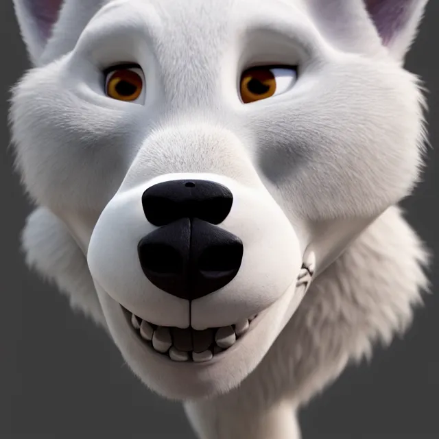 Image similar to portrait headshot of a handsome male white skull - wolf in the style of zootopia. pixar, fur volumetric lighting, subsurface scattering, hyperrealistic, octane render, hyperdetailed