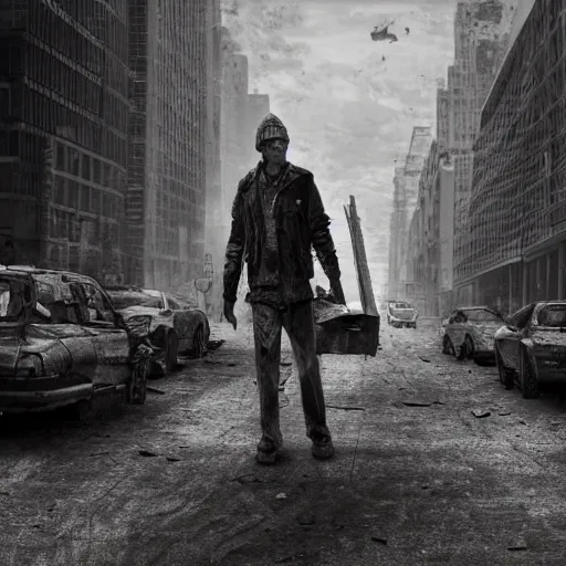 Image similar to a pencil sketch of a survivor in a post apocalyptic new york street, 4k, high detail, high-resolution photograph, professional photography, ultra-detail, sketch, drawing