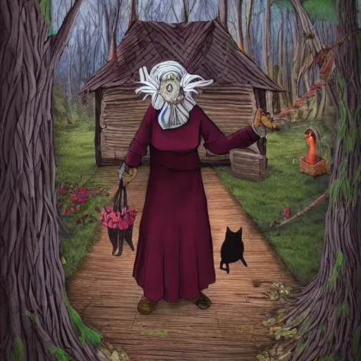 Prompt: a fabulous old woman baba yaga with a scarf on her head tied with a knot on top. there is a black cat nearby. background hut on chicken legs. from the fabulous enchanting dense forest. fantasy. very clear image.