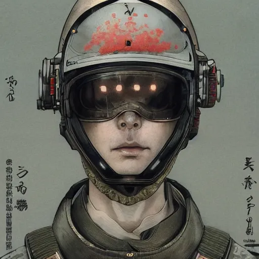 Image similar to a beautiful ukiyo painting of cyberpunk soldier in helmet, wearing space techwear, detailed symmetrical close up portrait, intricate complexity, by takato yamamoto, wlop, krenz cushart. cinematic dramatic atmosphere, sharp focus