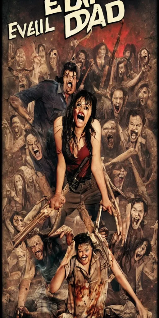 Prompt: evil dead movie poster, comedy movie, funny, laughing, 8 0 s