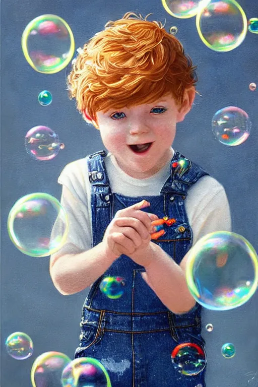 Image similar to a little boy with ginger hair wearing denim overalls chasing bubbles. clean elegant painting, beautiful detailed face, lots of bubbles. by artgerm and greg rutkowski