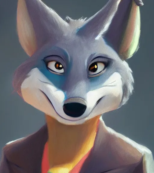Prompt: oil painting of anthromorphic furry female wolf, in style of zootopia, female fursona, furry, furaffinity, 4 k, deviantart, furry art, fursona art, wearing black business suit, business suit, wolf fursona, female, tired expression,