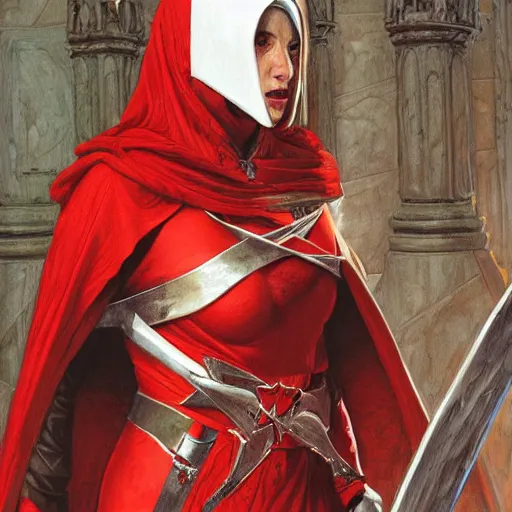 Image similar to portrait of a shocked female templar, in white and red armor, by donato giancola.