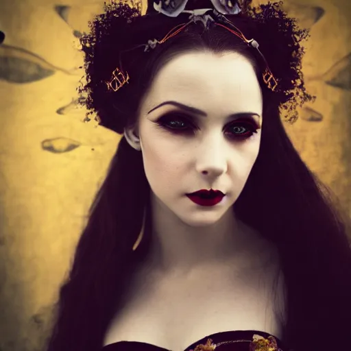 Prompt: A beautiful portrait of a lady vampire, steampunk, photography, 35mm, soft light, cinematic, klimt