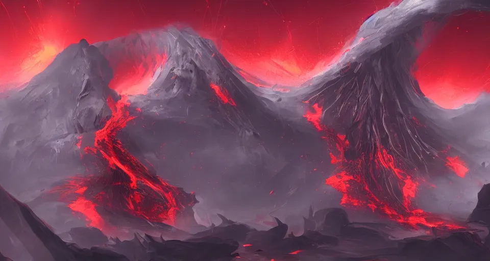 Prompt: a volcano made of ivory vines and crimson rocks enters in eruption, it spits a smoke in the shape of demonic eye, by League of Legends concept artists