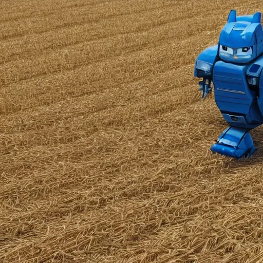 Prompt: a film still of transformers robots wearing a straw hat blue overalls in the corn field, chappie, farming, photorealistic, 8 k