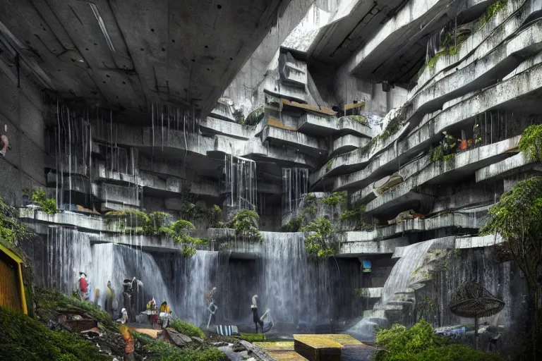 Prompt: favela bunker spaceship disco hive, brutalist waterfall environment, industrial factory, whimsical, award winning art, epic dreamlike fantasy landscape, ultra realistic,