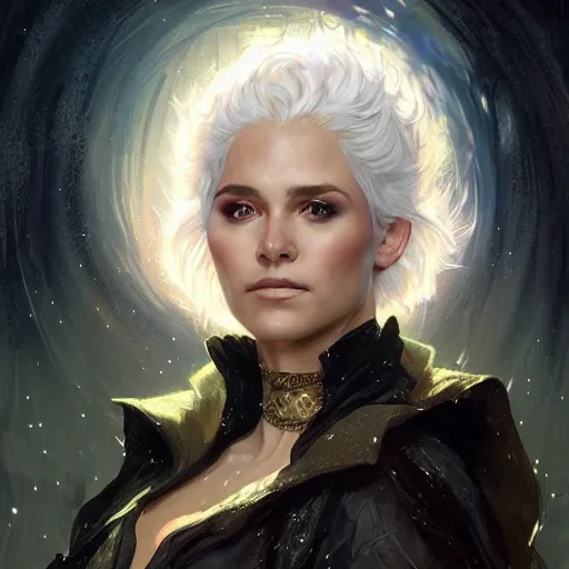 Prompt: portrait of a female stars druid with short white hair wearing a black robe covered in stars, half body, fantasy, highly detailed, digital painting, artstation, concept art, character art, art by greg rutkowski and magali villeneuve and alphonse mucha