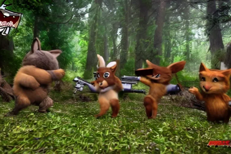 Prompt: woodland creatures battling at war with guns, bullet time, woodland setting