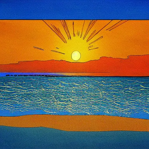 Prompt: a beautiful painting of a sunny beach with a star filled sky above by moebius