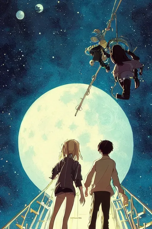 Image similar to a full moon containing the glimmering stairways to otherworldly galaxies, high intricate details, rule of thirds, golden ratio, cinematic light, anime style, graphic novel by fiona staples and dustin nguyen, by beaststars and orange, peter elson, alan bean, studio ghibli, makoto shinkai