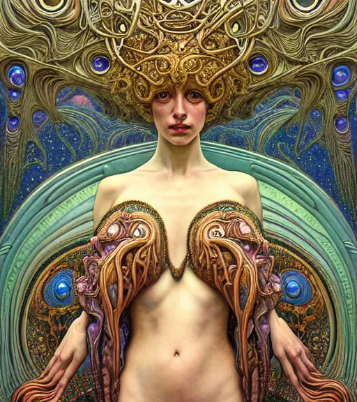 Image similar to detailed realistic beautiful young groovypunk fully clothed cher as queen of andromeda galaxy. art nouveau, symbolist, visionary, baroque, giant fractal details. horizontal symmetry by zdzisław beksinski, iris van herpen, raymond swanland and alphonse mucha. highly detailed, hyper - real, beautiful