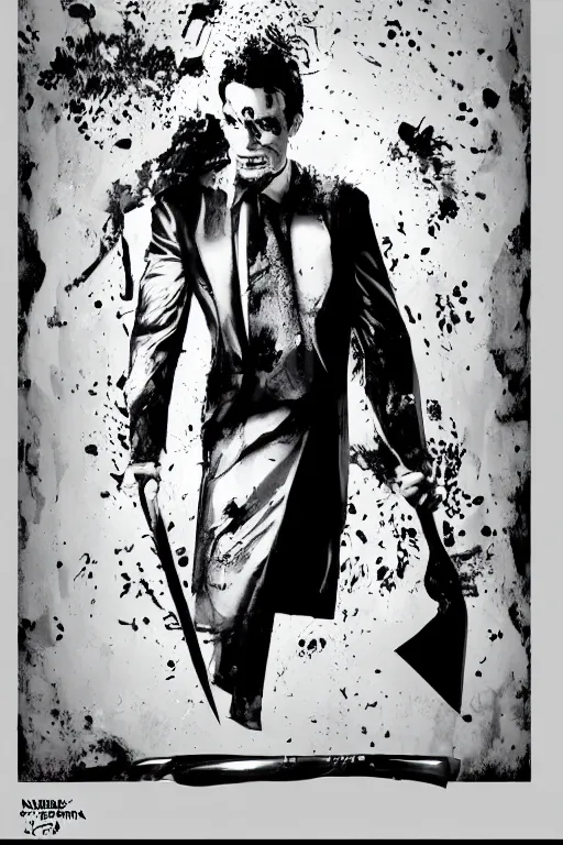 Image similar to black and white illustration of Patrick Bateman holding a big knife, neo noir style, Frank Miller creative design, body horror