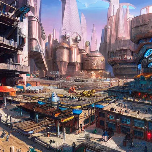 Image similar to a medieval marketplace next to a cyberpunk spaceport spaceship dock. used future aesthetic. digital matte painting by james gurney and david mattingly.