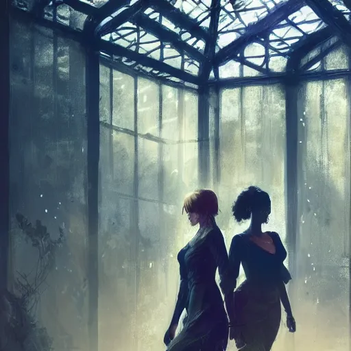 Image similar to two women standing in an elegant greenhouse garden, dramatic lighting, illustration by greg rutkowski, yoji shinkawa, 4 k, digital art, concept art, trending on artstation