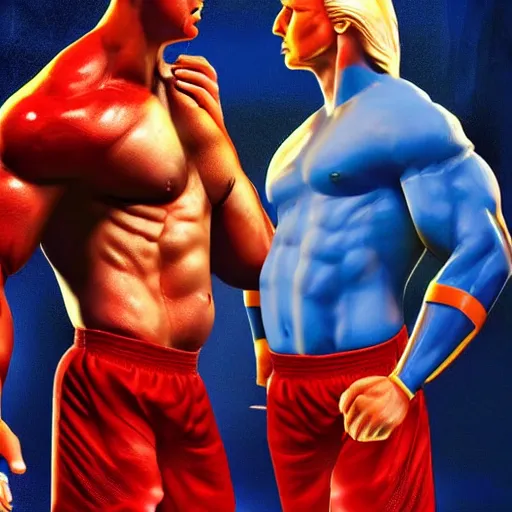 Image similar to muscular donald trump and cristiano ronaldo in love looking at their baby, detailed and realistic, 4 k, bright color, epic digital art