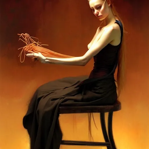 Image similar to a beautiful woman tied to a chair using spaghetti, a woman wrapped in spaghetti, painting by Charlie Bowater and Gerald Brom