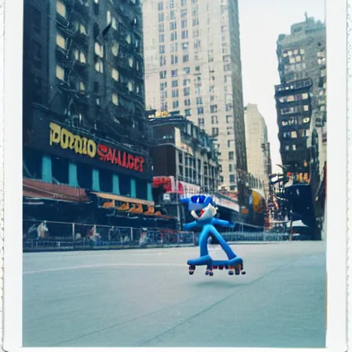 Image similar to polaroid image of sonic the hedgehog skating in new york city