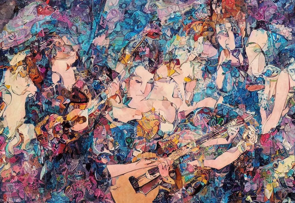 Image similar to beautiful women playing guitar in front of a broken flat tv, art, poster art, by weta studio, in the style of james jean 8 k high detail