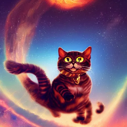 Image similar to A lazy steampunk cat jumping over the galaxy, digital illustration, concept art, 8k, trending on artstation