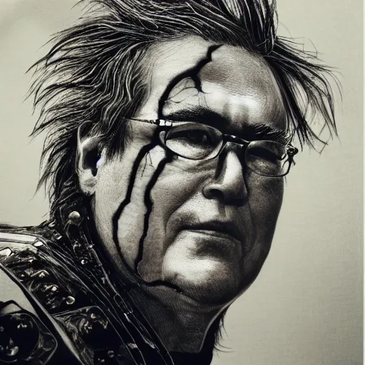 Image similar to Yoshitaka Amano realistic illustration of jeb bush ,hair fluttering in the wind, cracks on his face wearing Elden ring armour with engraving, abstract black and white patterns on the background, noisy film grain effect, highly detailed, Renaissance oil painting, weird portrait angle, blurred lost edges, three quarter view