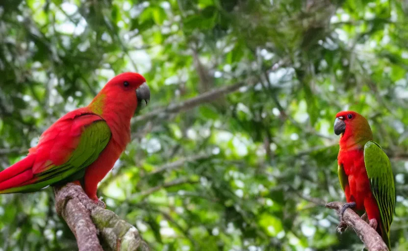 Prompt: a red-winged parrot, sitting in the trees surrounded by salami