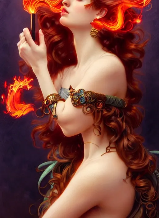 Image similar to the greek goddess hestia, hair made of fire, steampunk, beautiful glowing eyes, volumetric lights, red and cyan theme, art nouveau botanicals, intricate, highly detailed, digital painting, artstation, concept art, smooth, sharp focus, cinematic, illustration, beautiful face, art by artgerm and greg rutkowski and alphonse mucha